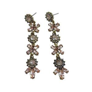 Vintage Inspired Pink Crystal Flower Drop Earrings With Gold Accents